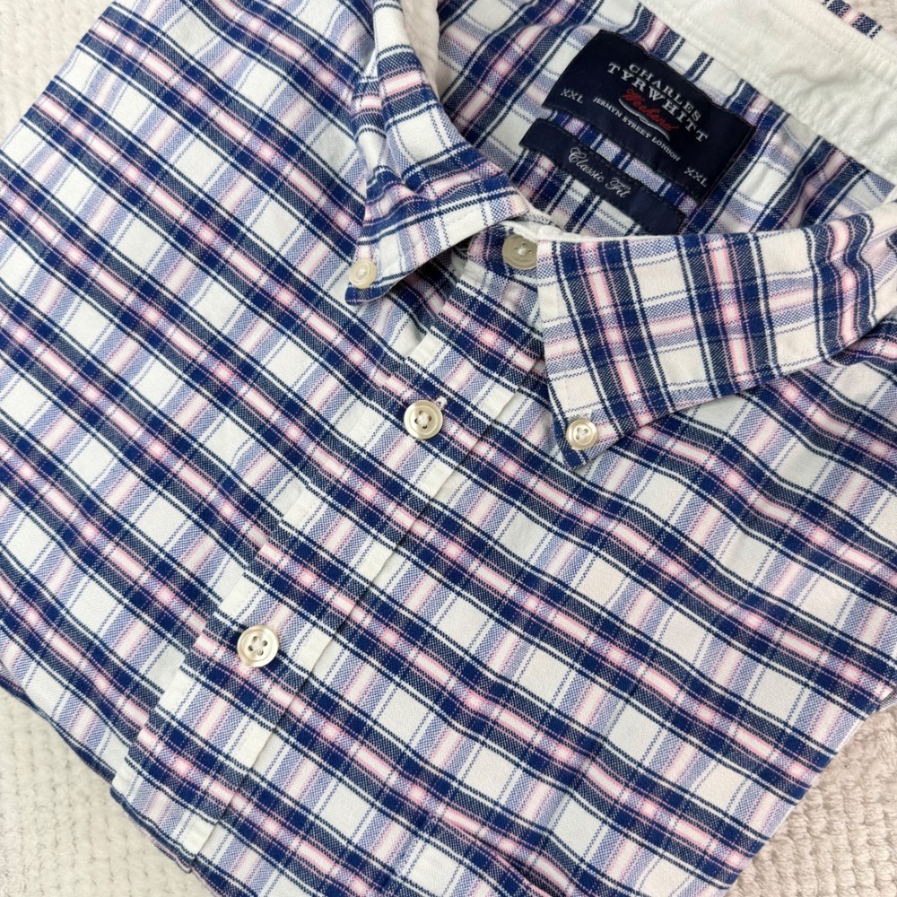 Charles Tyrwhitt Weekend Flannel XXL Classic Fit Plaid Shirt Navy Pink